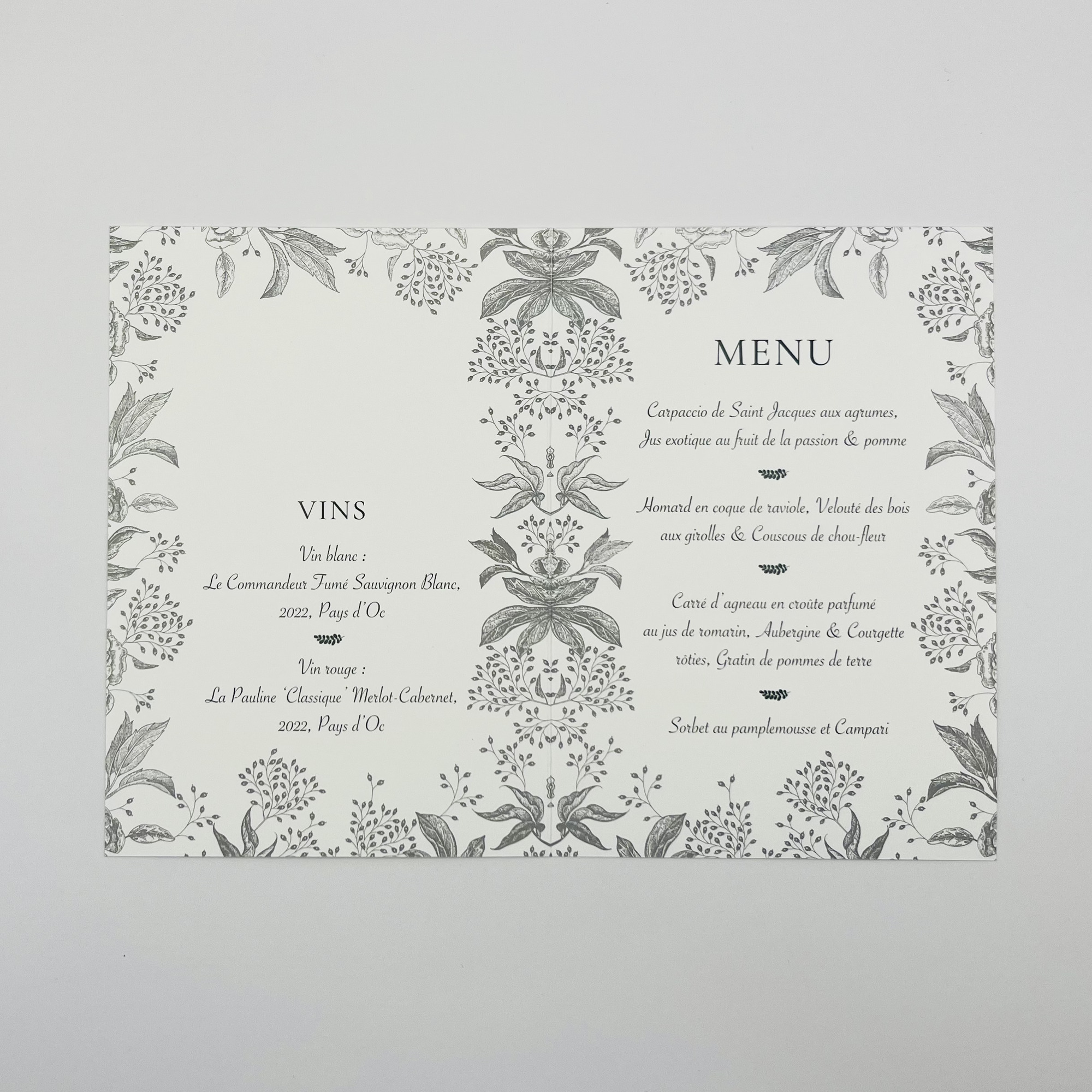 Menu de mariage double de la collection Viti Levu dans un thème Nature & Fleuri du e-shop Les Faire-part de Kiv'là!