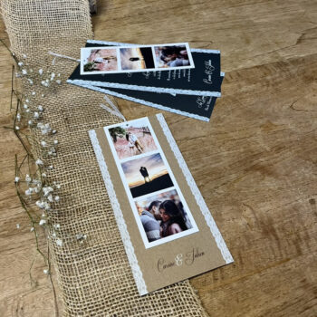 Faire-part de la collection Los Micos avec une bande photo Polaroïd et une touche de dentelle.