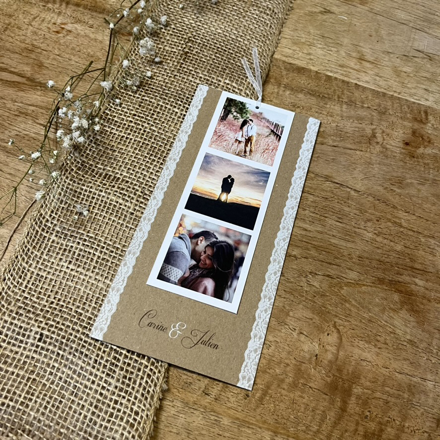 losmicos-fairepart1 Sur carton kraft recyclé. Faire-part de la collection Los Micos avec une bande photo Polaroïd et une touche de dentelle.