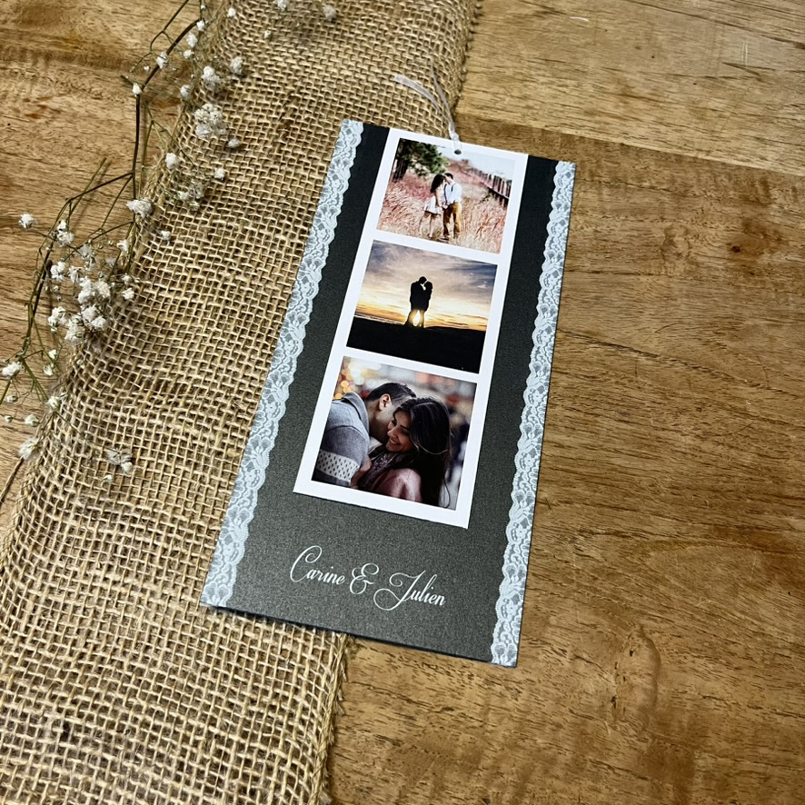 losmicos-fairepart2 Sur carton anthracite métallisé. Faire-part de la collection Los Micos avec une bande photo Polaroïd et une touche de dentelle.