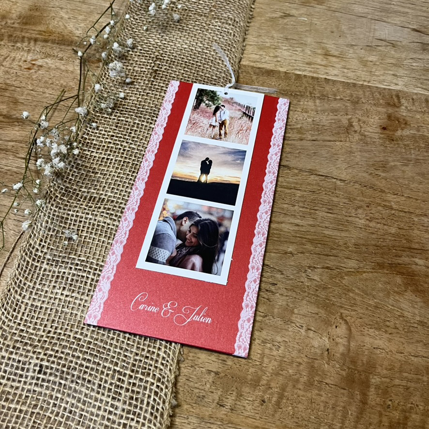 losmicos-fairepart3 Sur carton bordeau métallisé. Faire-part de la collection Los Micos avec une bande photo Polaroïd et une touche de dentelle.