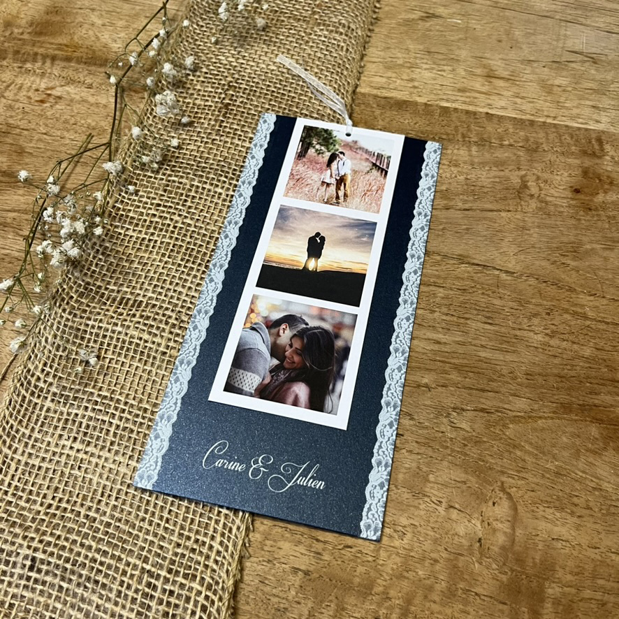 losmicos-fairepart4 Sur carton bleu métallisé. Faire-part de la collection Los Micos avec une bande photo Polaroïd et une touche de dentelle.