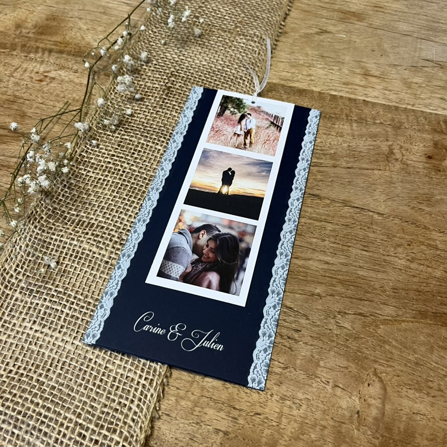 losmicos-fairepart5 Sur carton bleu lisse et mat. Faire-part de la collection Los Micos avec une bande photo Polaroïd et une touche de dentelle.