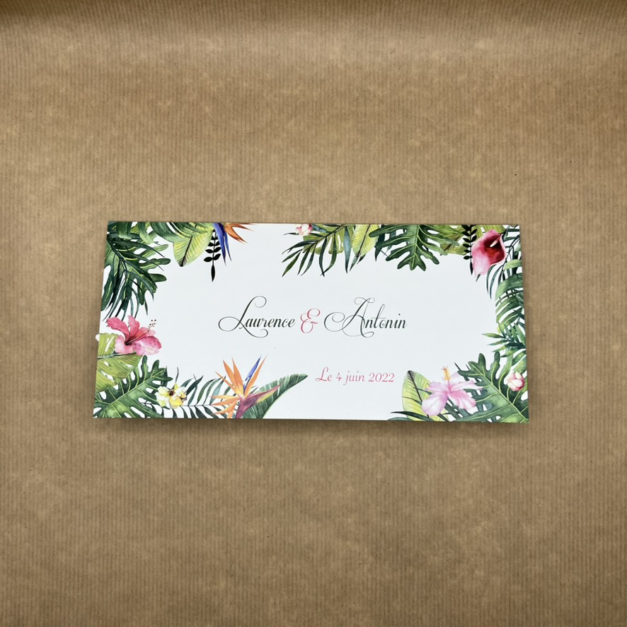 marie-galante-fairepart7 Vue de face. Faire-part de la collection Marie-Galante sous forme d'une pochette billet d'avion au look tropical.