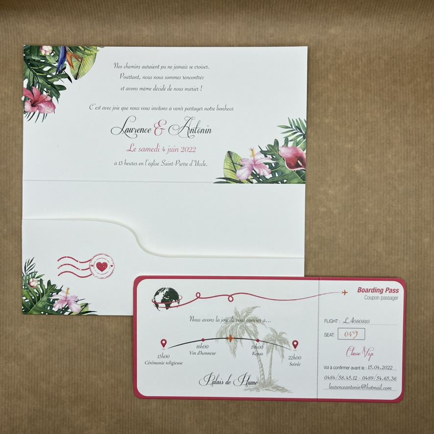 marie-galante-fairepart9 Vue ouvert. Faire-part de la collection Marie-Galante sous forme d'une pochette billet d'avion au look tropical.