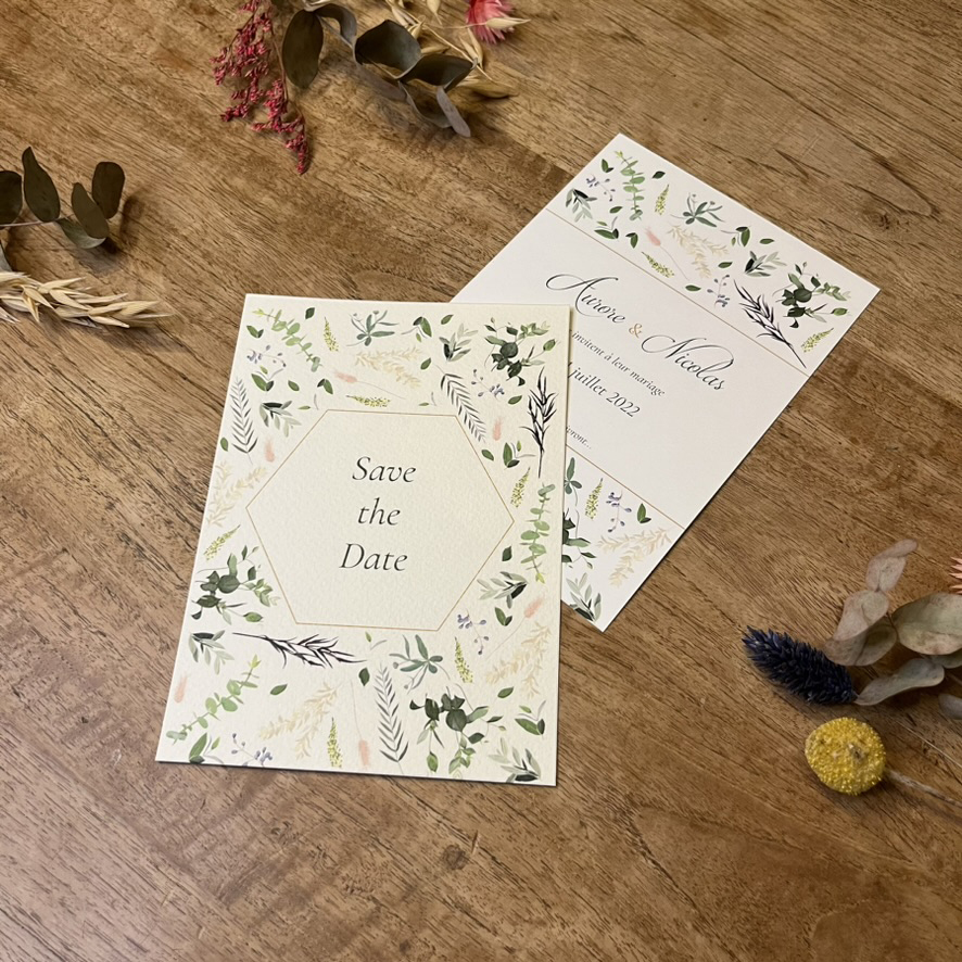 minamitori-savethedate0 Save the date de la collection Minamitori avec une jolie décoration nature.