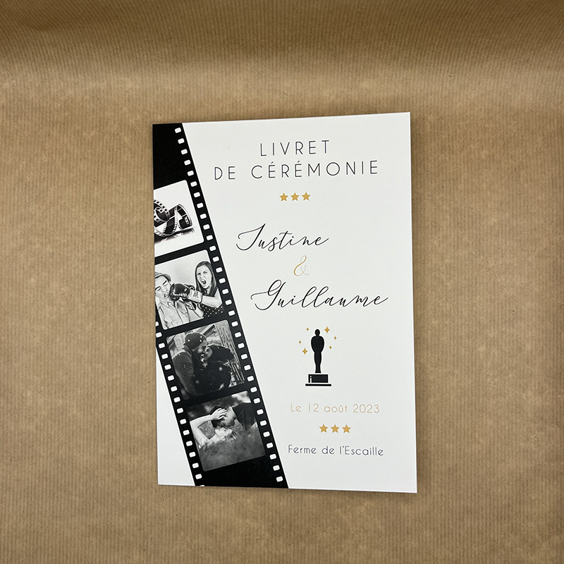 hvar-livret2 Couverture cartonnée de livret de cérémonie dans la collection inspirée du cinéma "Hvar", mariage original