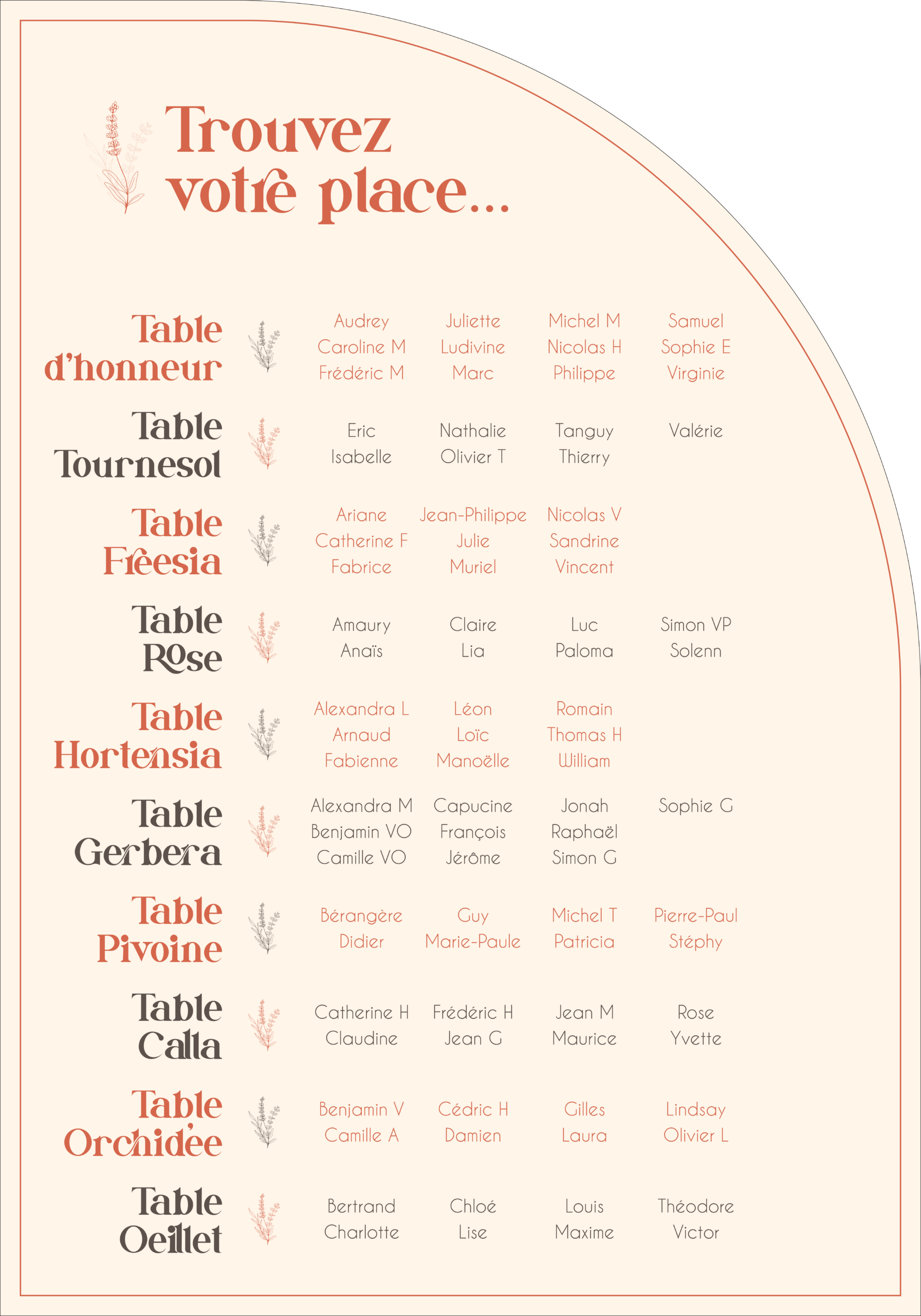plan de table panneau Plan de table de mariage original de la collection Carpi tendance, moderne et dan les teintes de terracotta