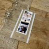 Sur carton kraft recyclé. Faire-part de la collection Los Micos avec une bande photo Polaroïd et une touche de dentelle.